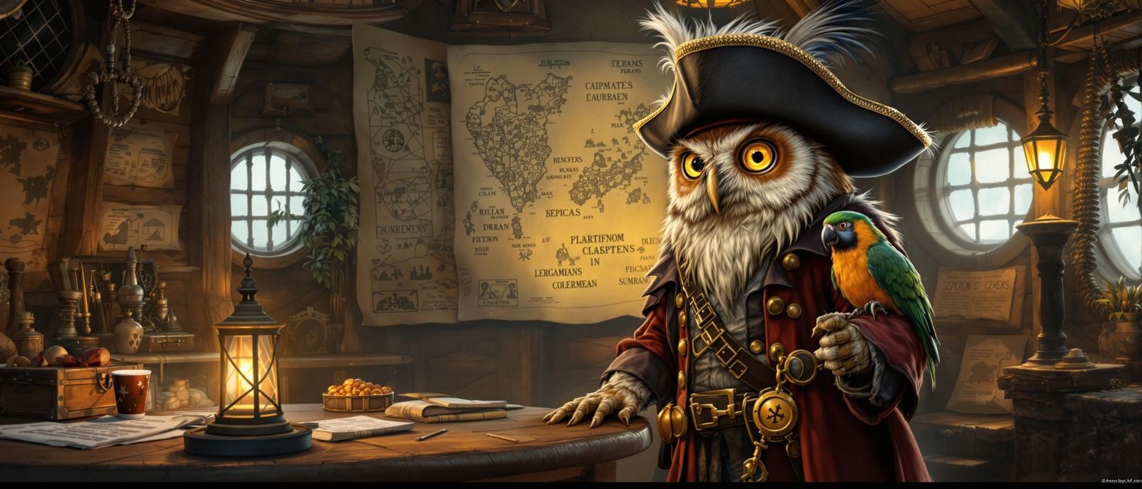 Pirate Owl Captain in Detailed Fantasy Illustration