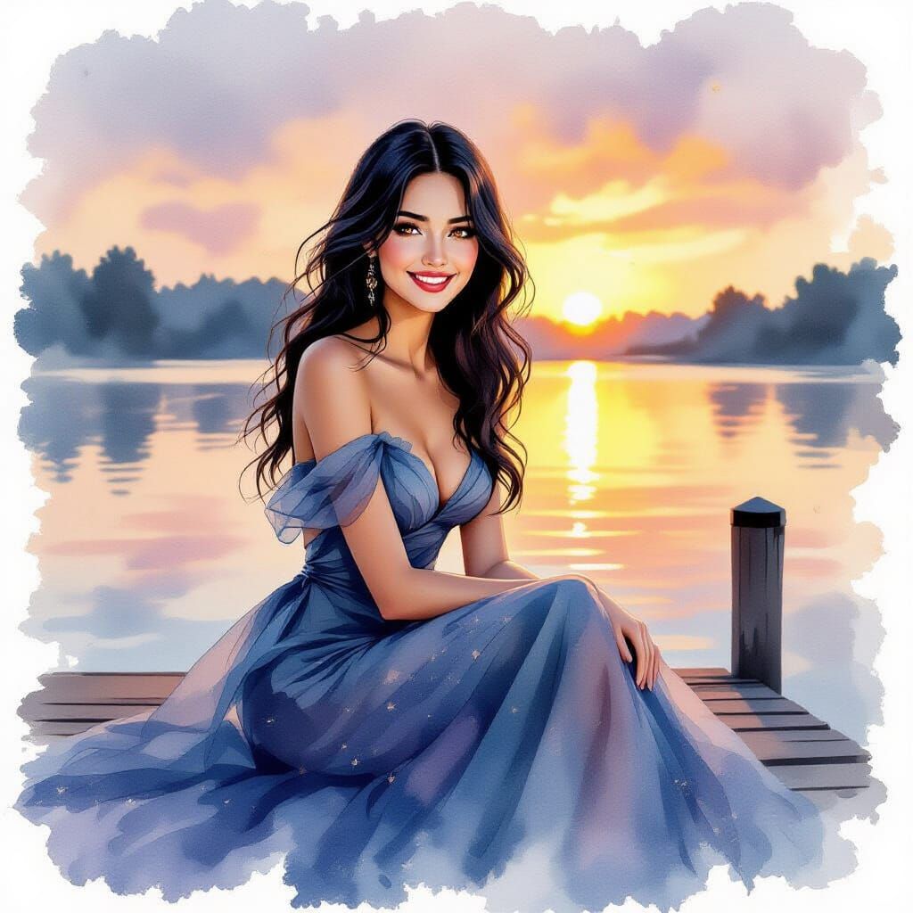 Woman on Dock at Dawn in Watercolor Style