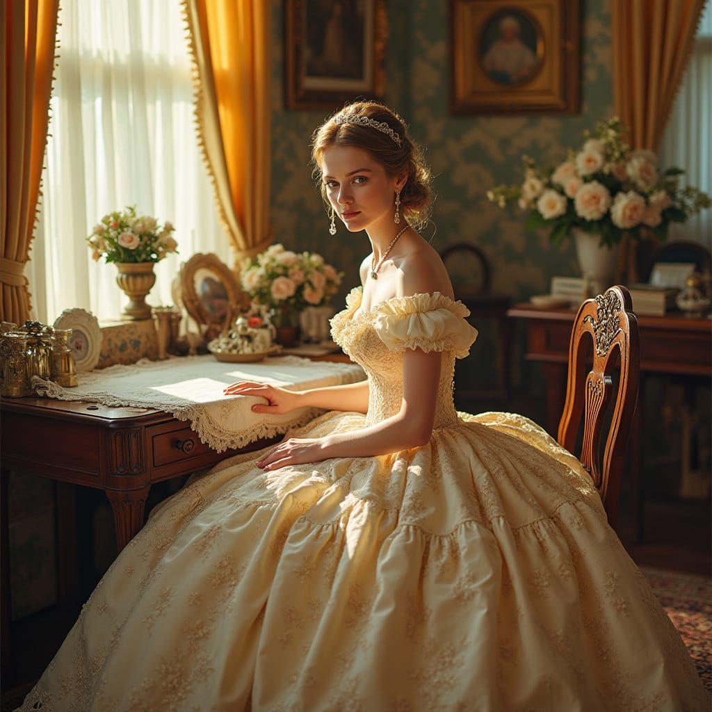 Elegant Southern Belle in Opulent Sewing Room