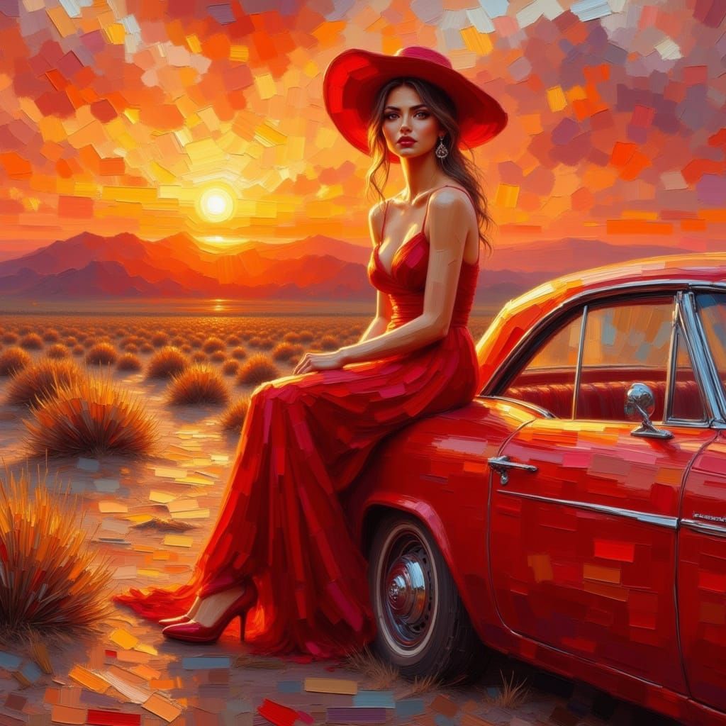 Lady in Red in Desert Sunset, as Impasto Painting
