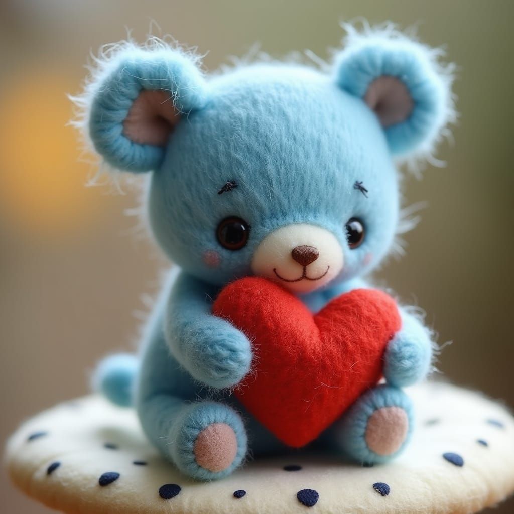 Fluffy Blue Felt Bear Hugs Heart Pillow on Polka Dot Mushroo...