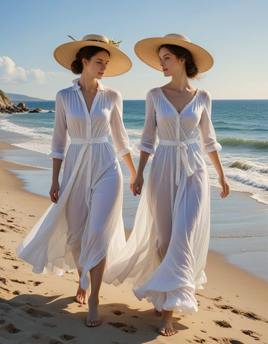 Elegant Women Stroll Along Impressionist Beachside Promenade
