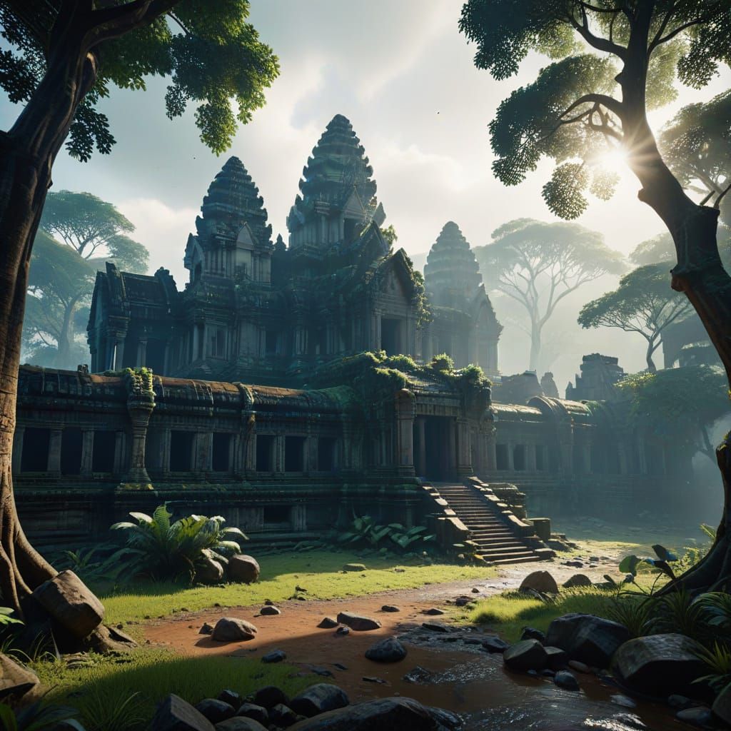 Ancient Angkor Wat Temple Ruins in Lush Jungle