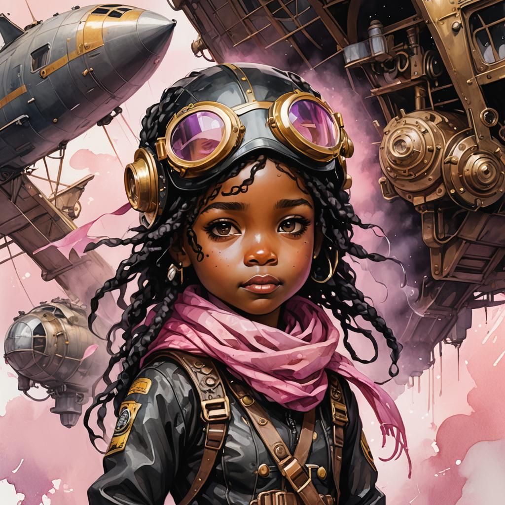 Chibi Toddler Portrait in Steampunk Watercolor Style