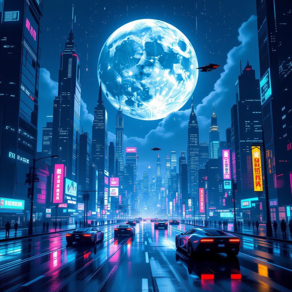 Cyberpunk Cityscape with Holographic Moon