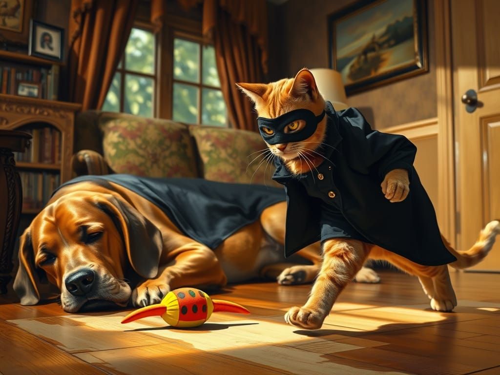 Ginger Cat Burglar Steals Toy in Oil Painting