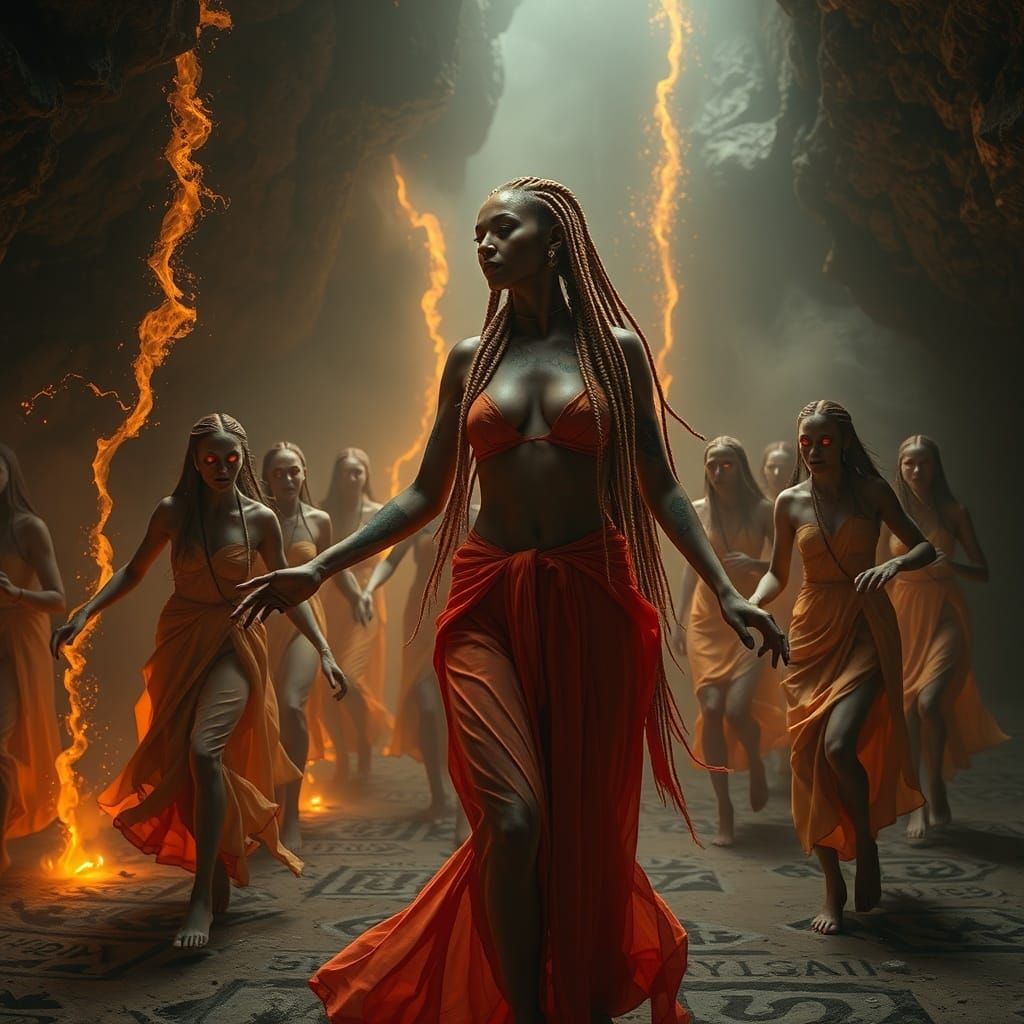 Ethereal Ritual Dance Beneath Earth in Obsidian Temple