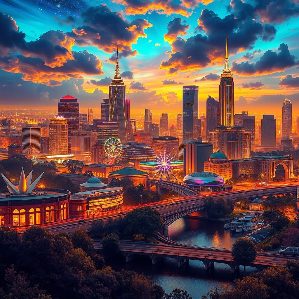 Mystical Melbourne Cityscape in Vibrant Neon Hues