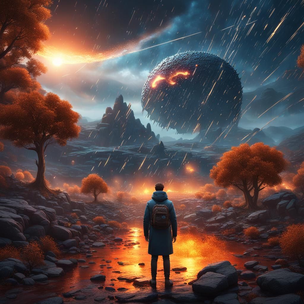 Meteor Rain Over Landscape: Detailed Fantasy Art