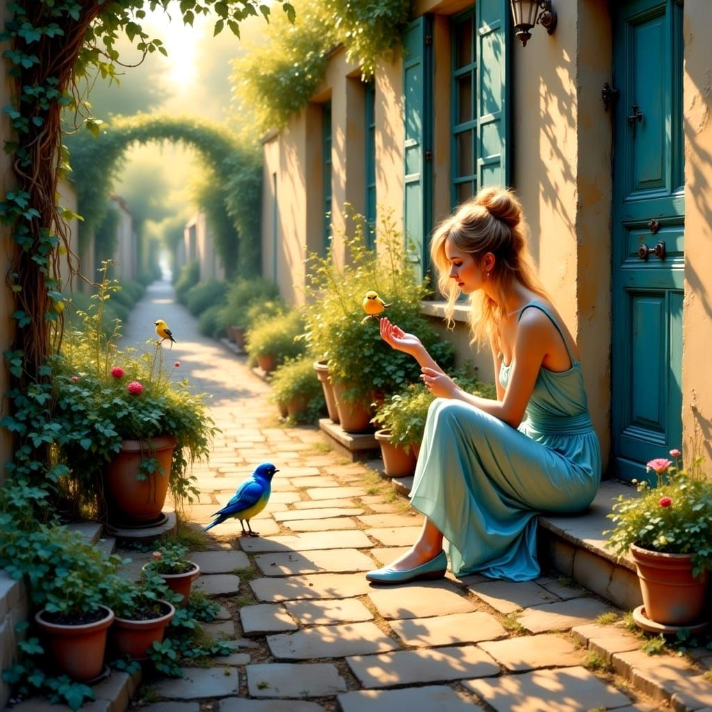 Sitting Serenely with Sweet Canaries in a Cobblestone Courty...