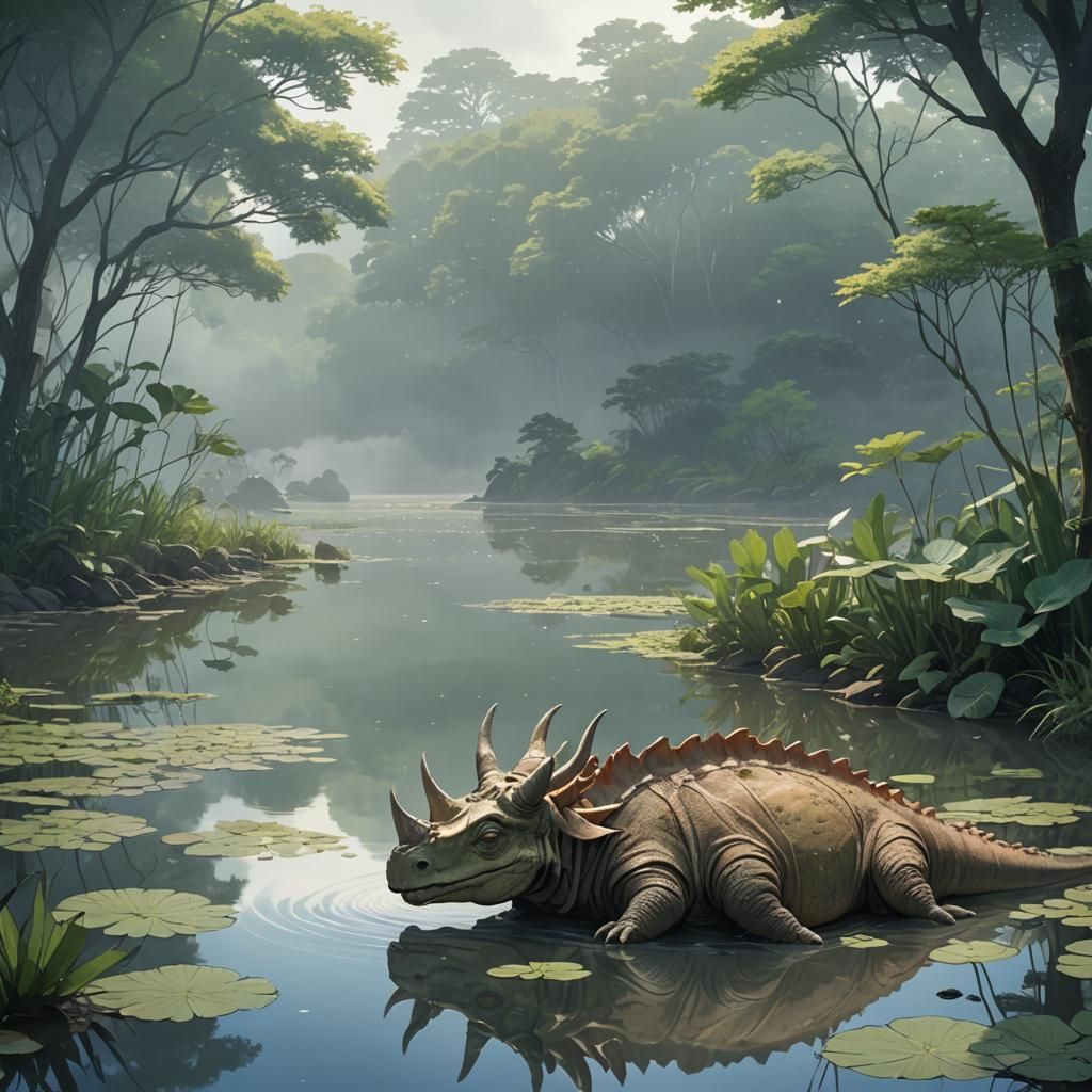 Anime Ceratops Resting by Misty River