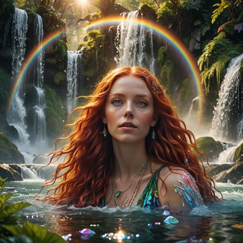 Rainbow Aura Woman by Waterfall in Digital Art