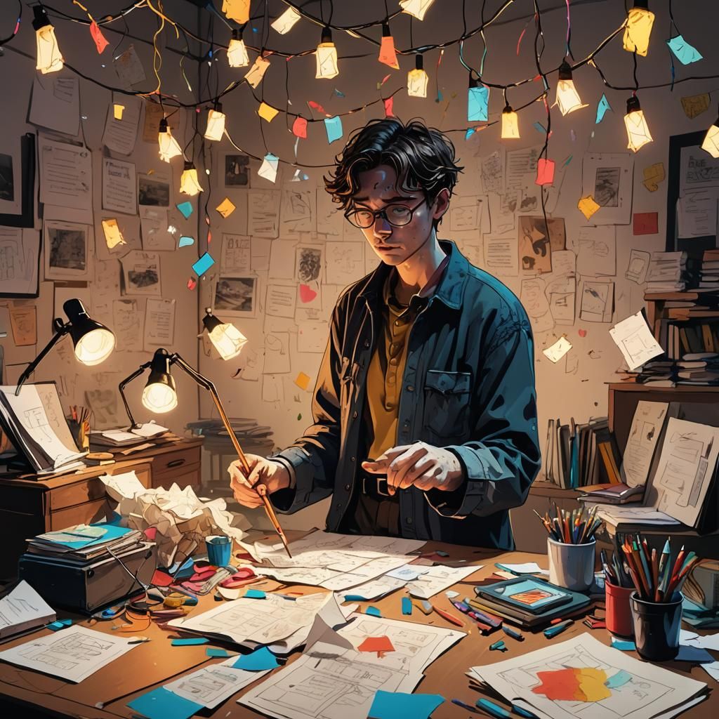 Person Surrounded by Papers in Vibrant Digital Art
