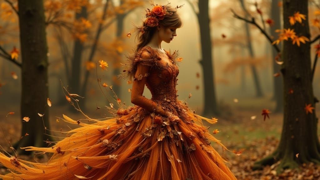 Autumn Woman in Golden Forest, Art Nouveau Style