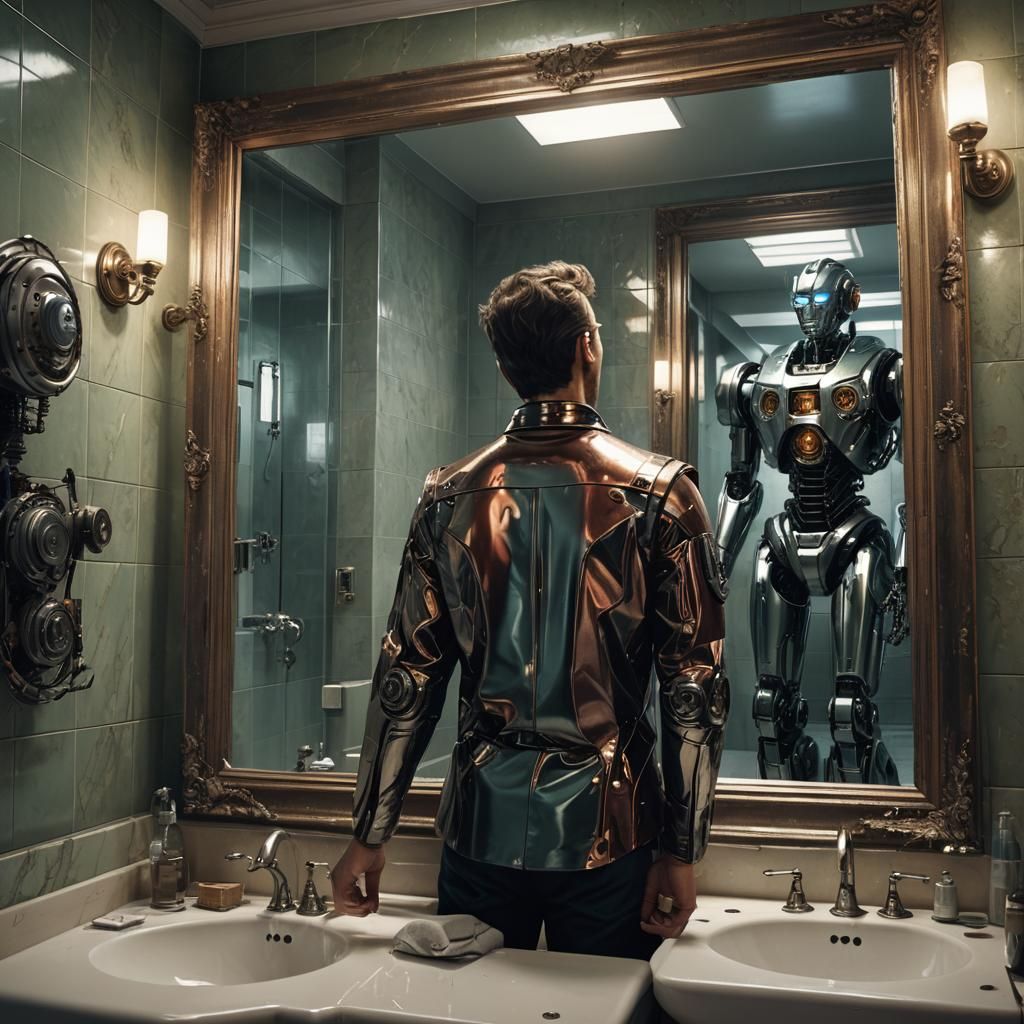 Robot Reflection: A Detailed Matte Painting of Surprise