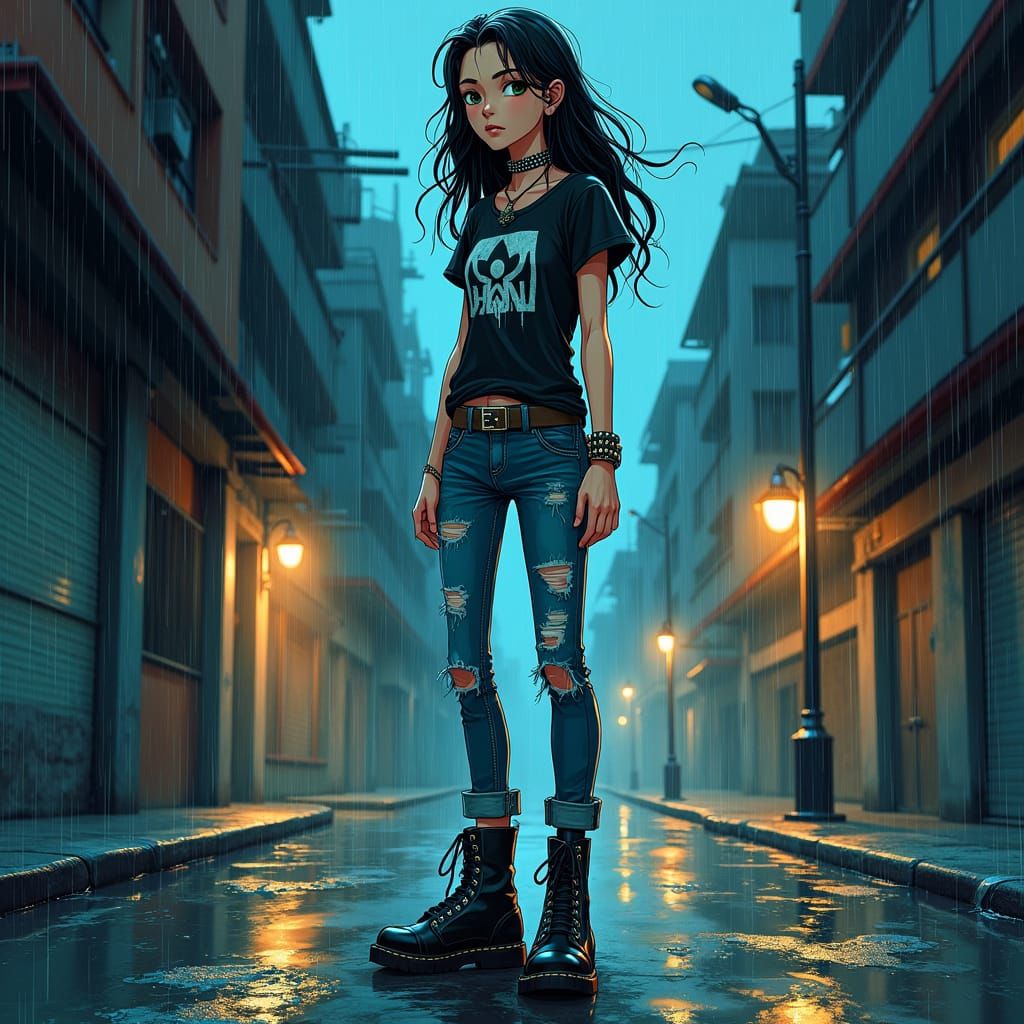 Melancholic Teenager in Rain-Soaked Alleyway, Anime Style