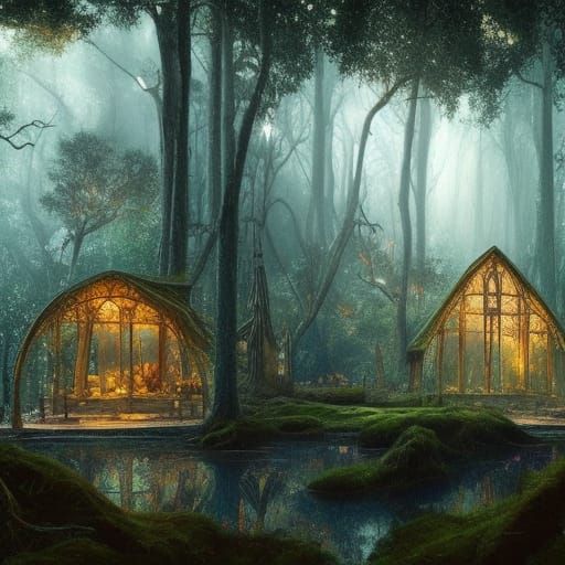 Whimsical Forest Cottage with Fireflies, Matte Painting