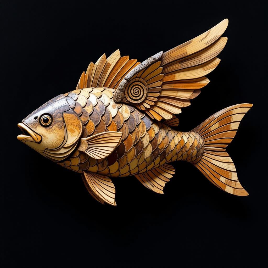 Whimsical Bark Fish Sculpture with Wooden Wings