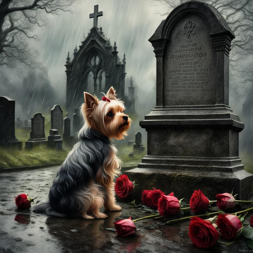 Yorkie at Gravestone in Rain: Rackham-Blanchard Style