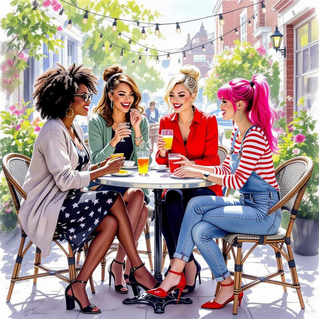 Friends Chatting in a Pub Garden Hyperdetailed Charcoal Draw...