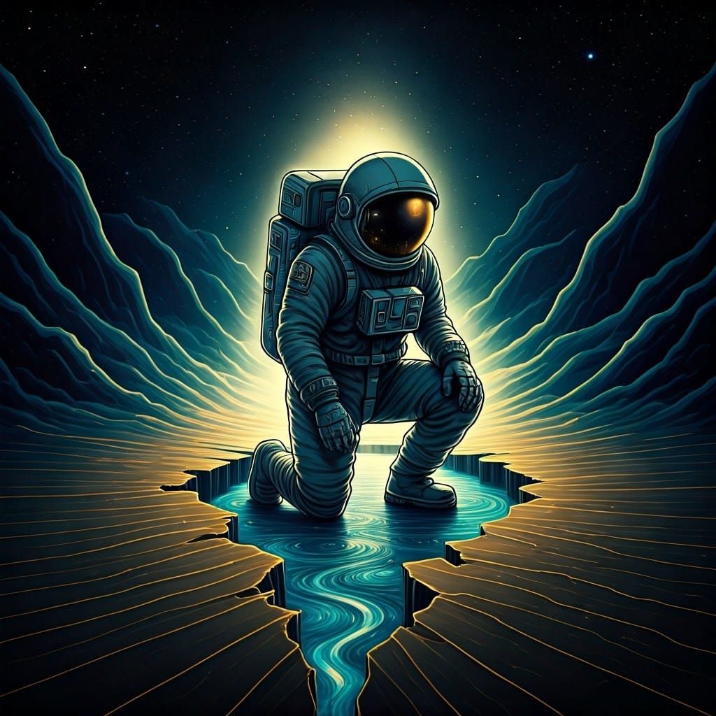 Astronaut Kneeling Before Torn Space: Minimalist Line Art