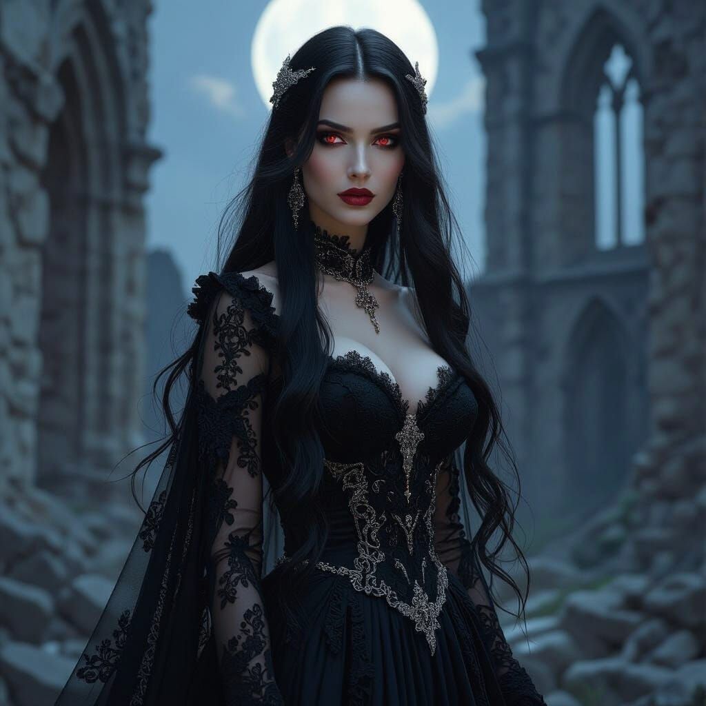 Gothic Vampire Queen in Castle Ruins, Pre-Raphaelite Style