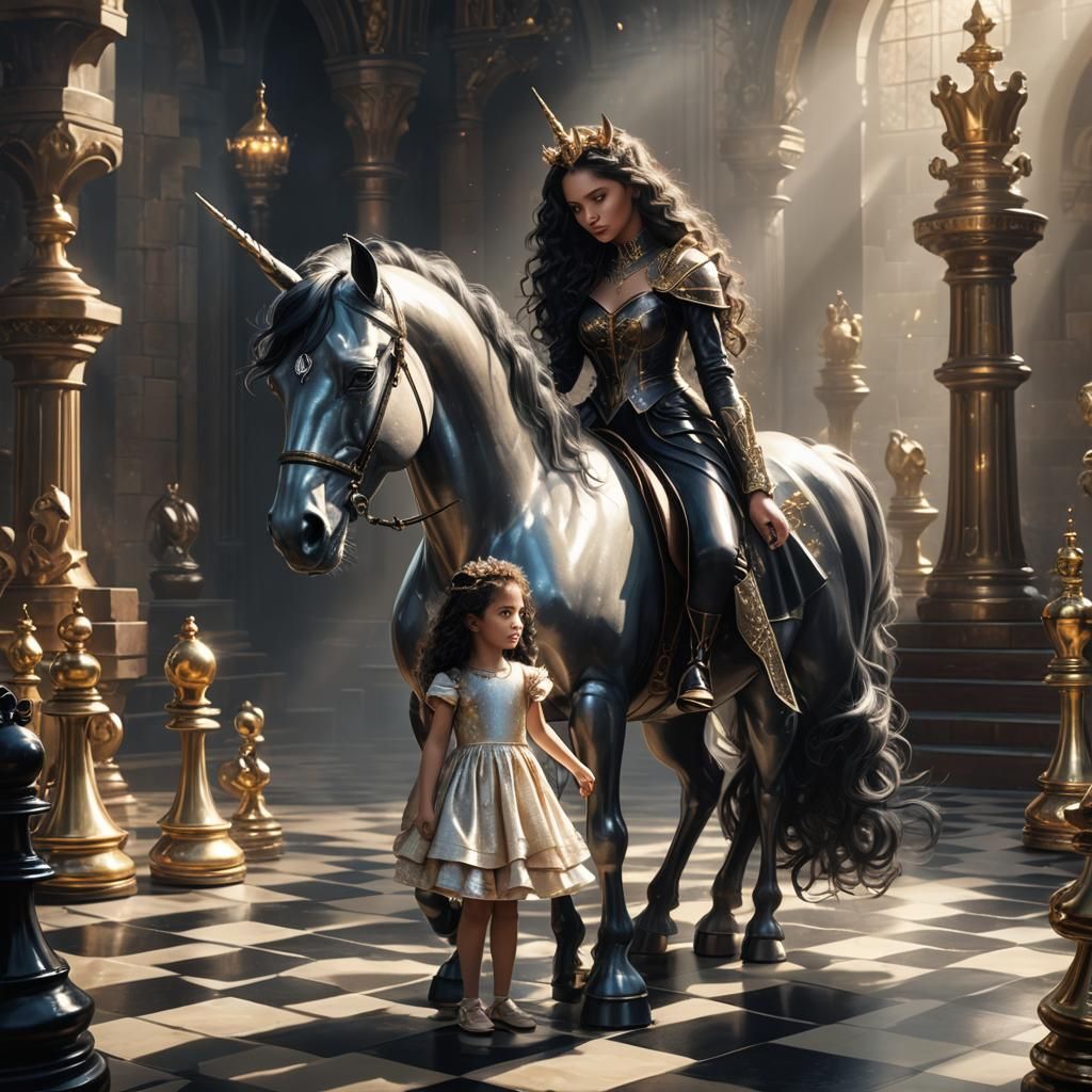 Black Shiny Unicorn and Princess in Digital Art