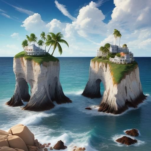 Photorealistic Murano Glass Galaxies Reflecting Coastal Scen...