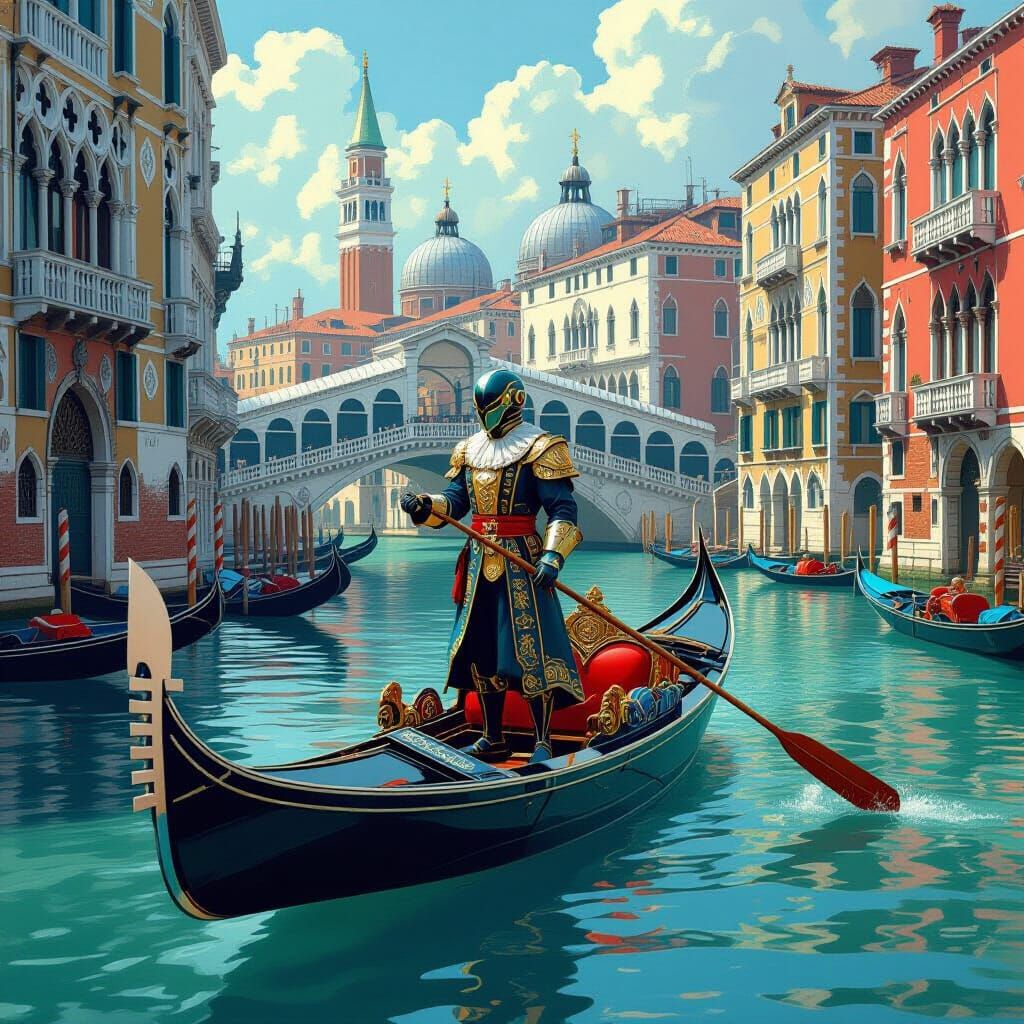 Retro-Futuristic Robot Gondolier in Venice