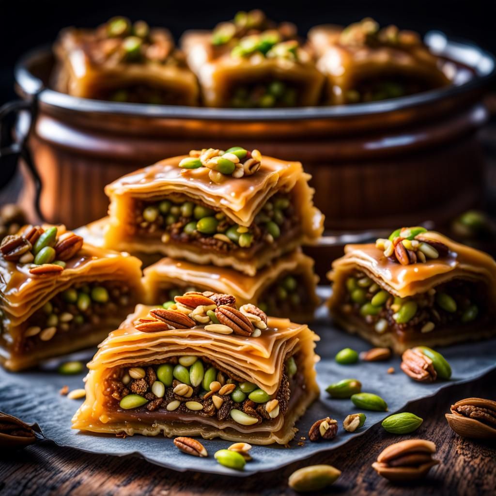 Hyperrealistic Baklava with Nuts and Honey