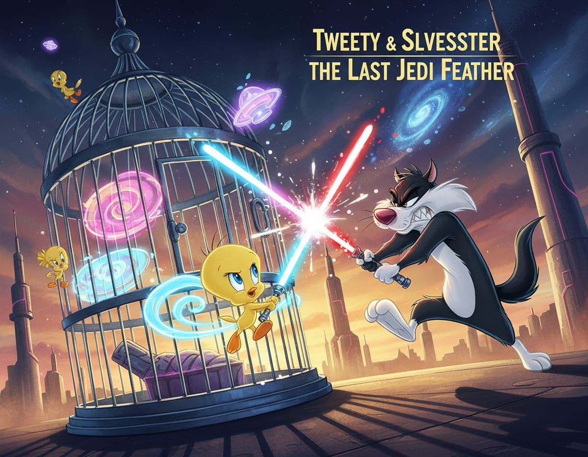 Tweety vs Sylvester Lightsaber Duel in Futuristic Cage