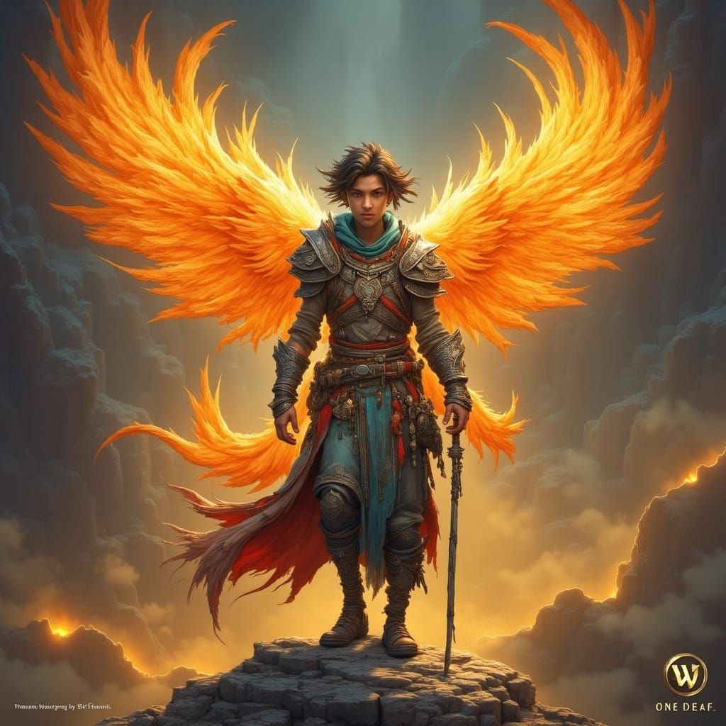 Phoenix-Winged Teenager in High-Fantasy Style
