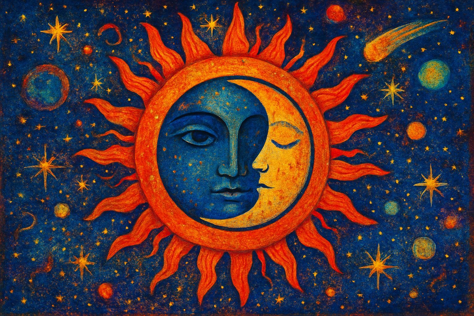 Cosmic Sun and Moon Double Exposure in Surreal Art