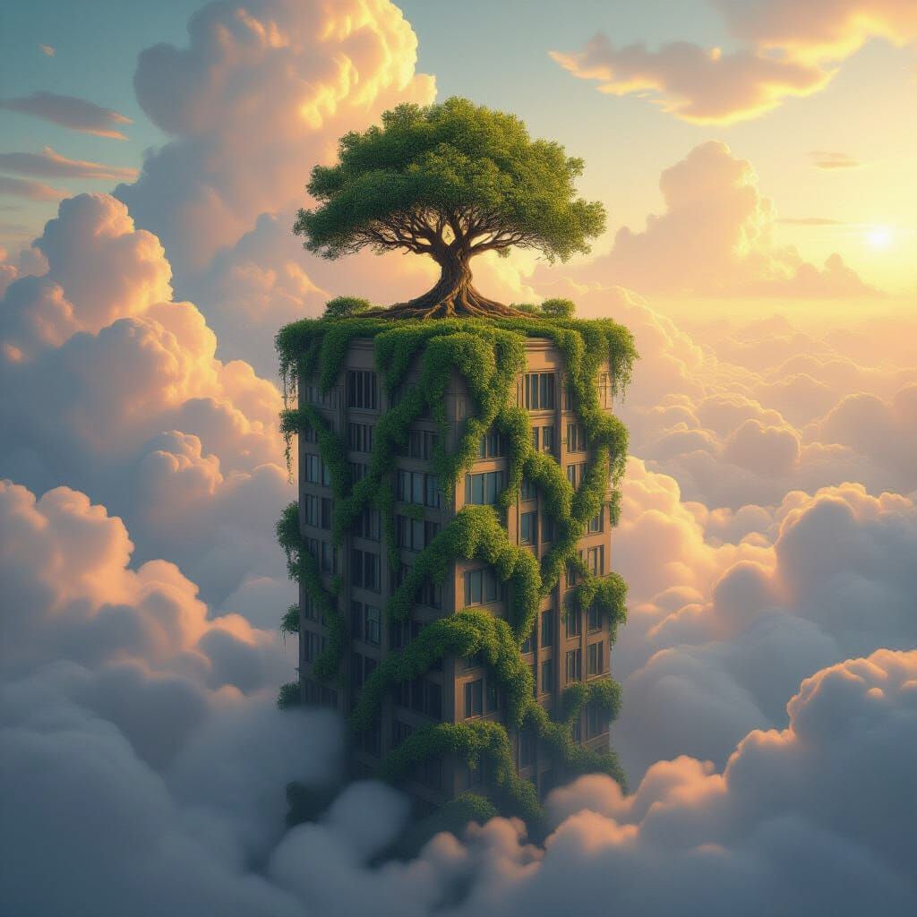 Skyscraper with Vines and Acorn Tree in Dreamy Light
