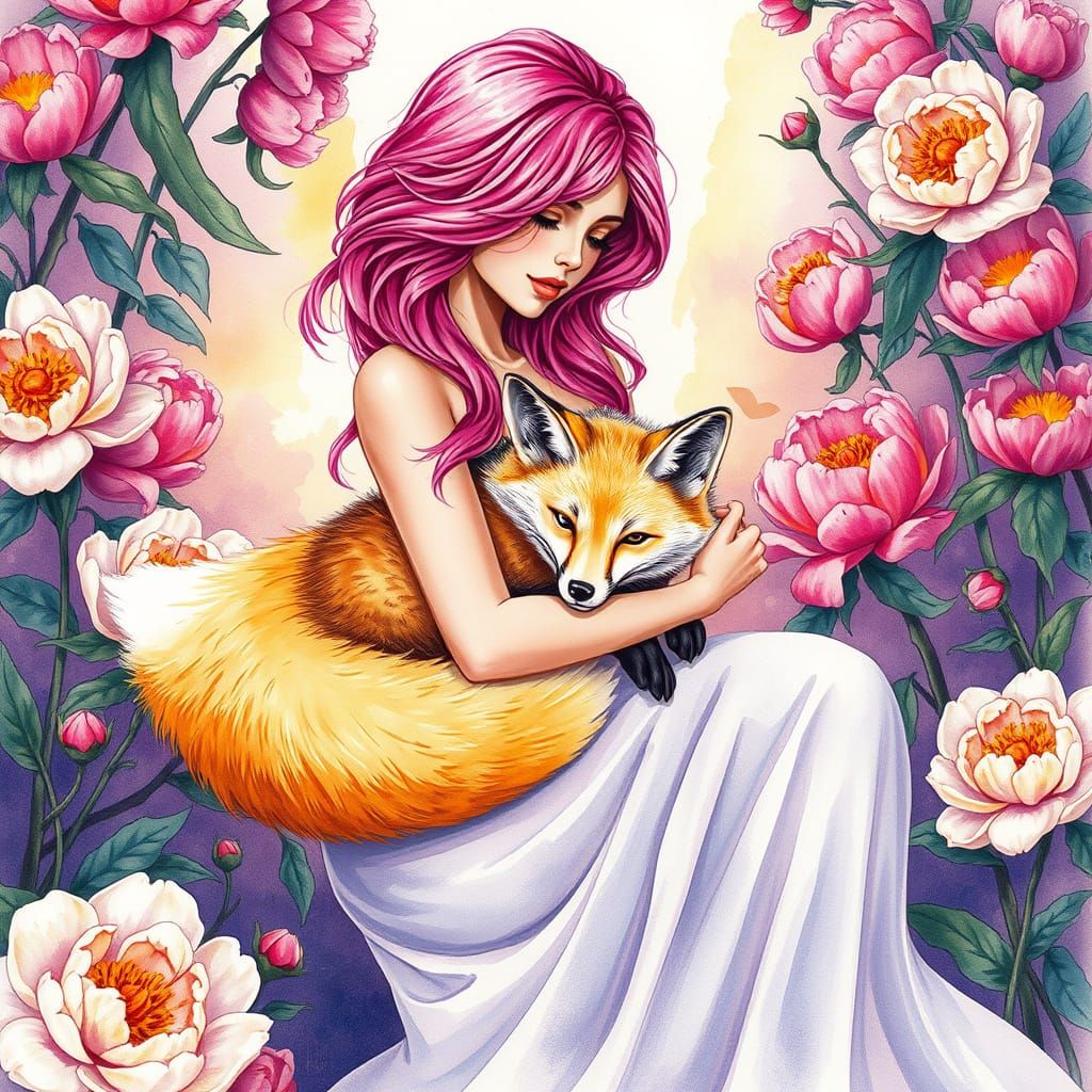 Woman and Fox in Peony Garden, Watercolor Art