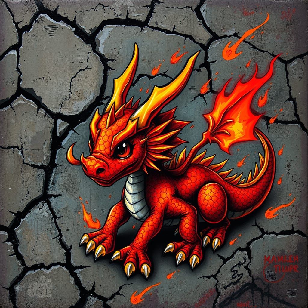 Vibrant Red Mini Dragon in Gritty Graffiti Style