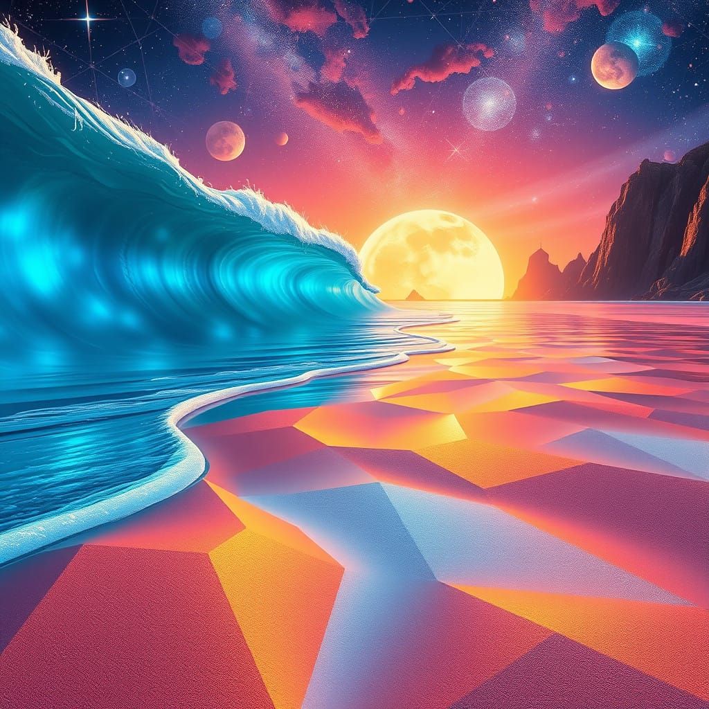 Geometric Illusions on a Celestial Beach in Vibrant Psychede...