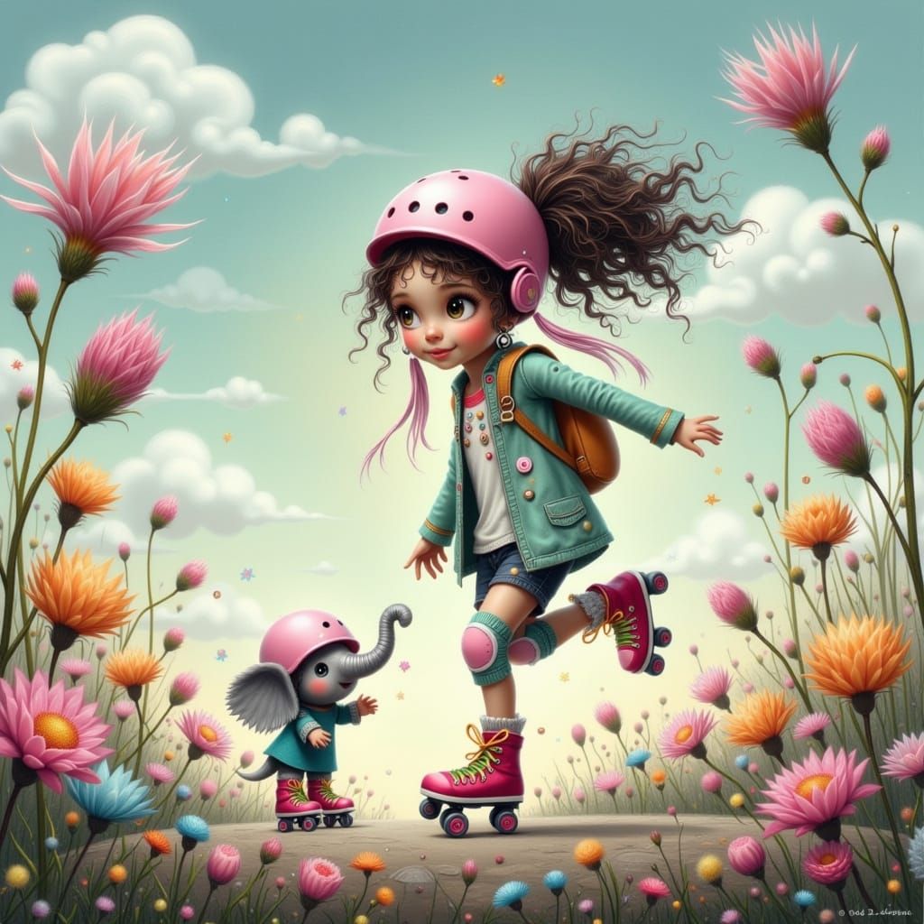 Whimsical Roller Skating Duo in Pastel Paradise