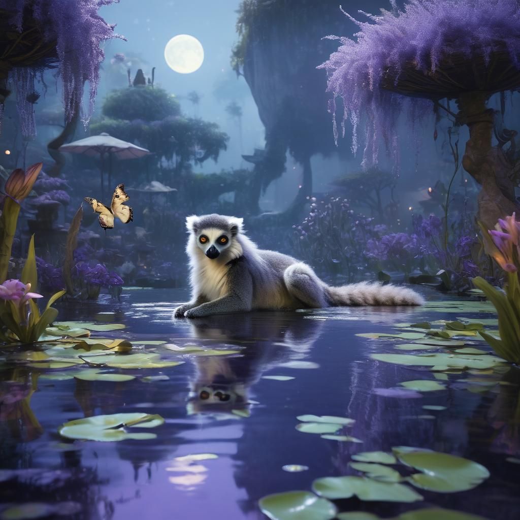 Fantasy Lagoon Scene with Leaping Lemur