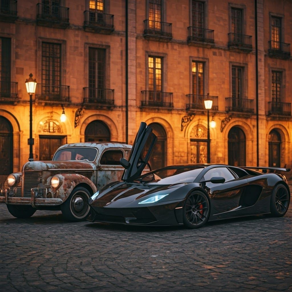 Supercar and Vintage Car in Town Square