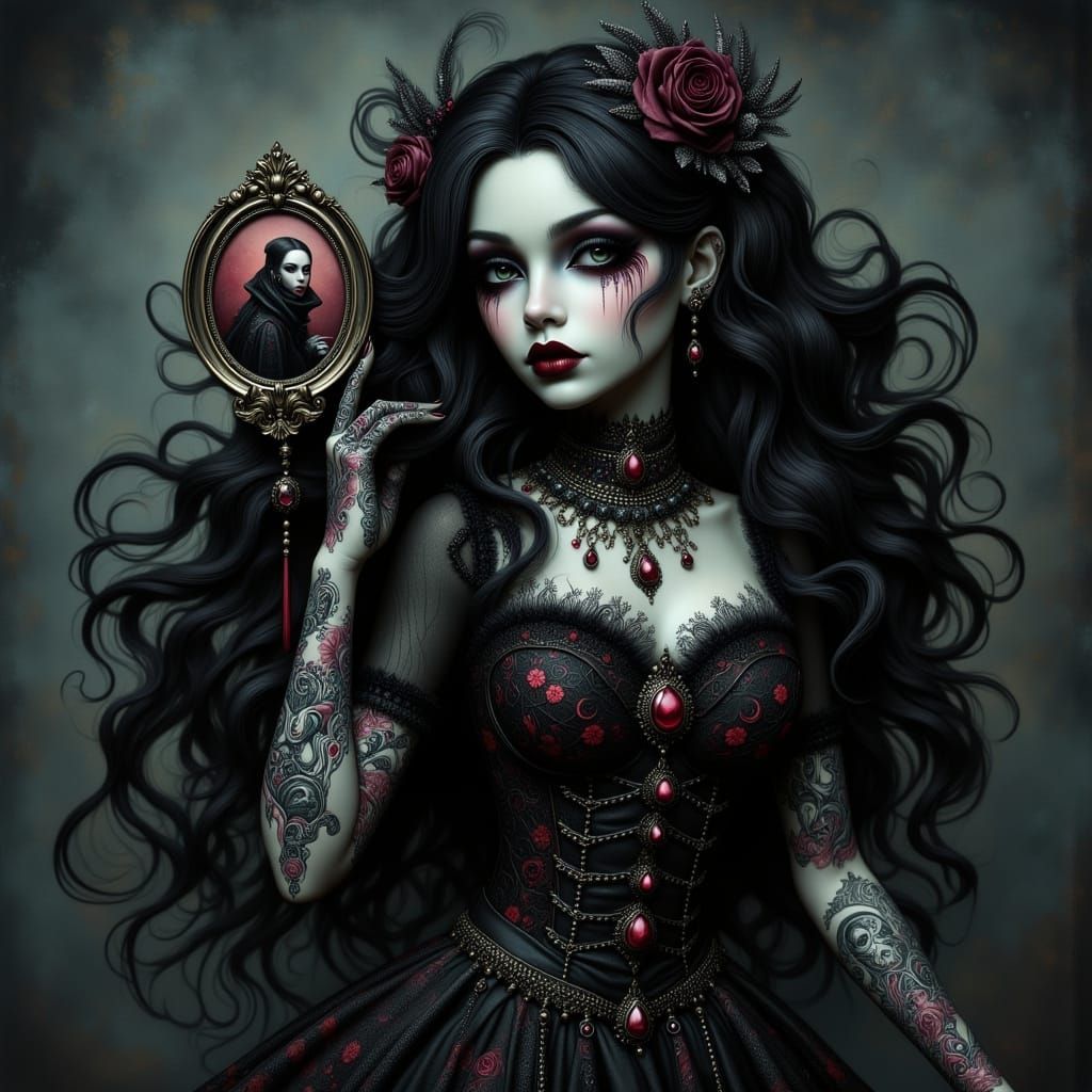 Gothic Doll Woman with Portrait Tattoo