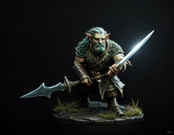 Goblin with Sword in Dimly Lit Ruins