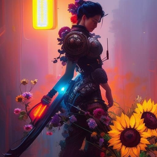Cyberpunk Samurai Warrior with Wildflower Floral Arrangement