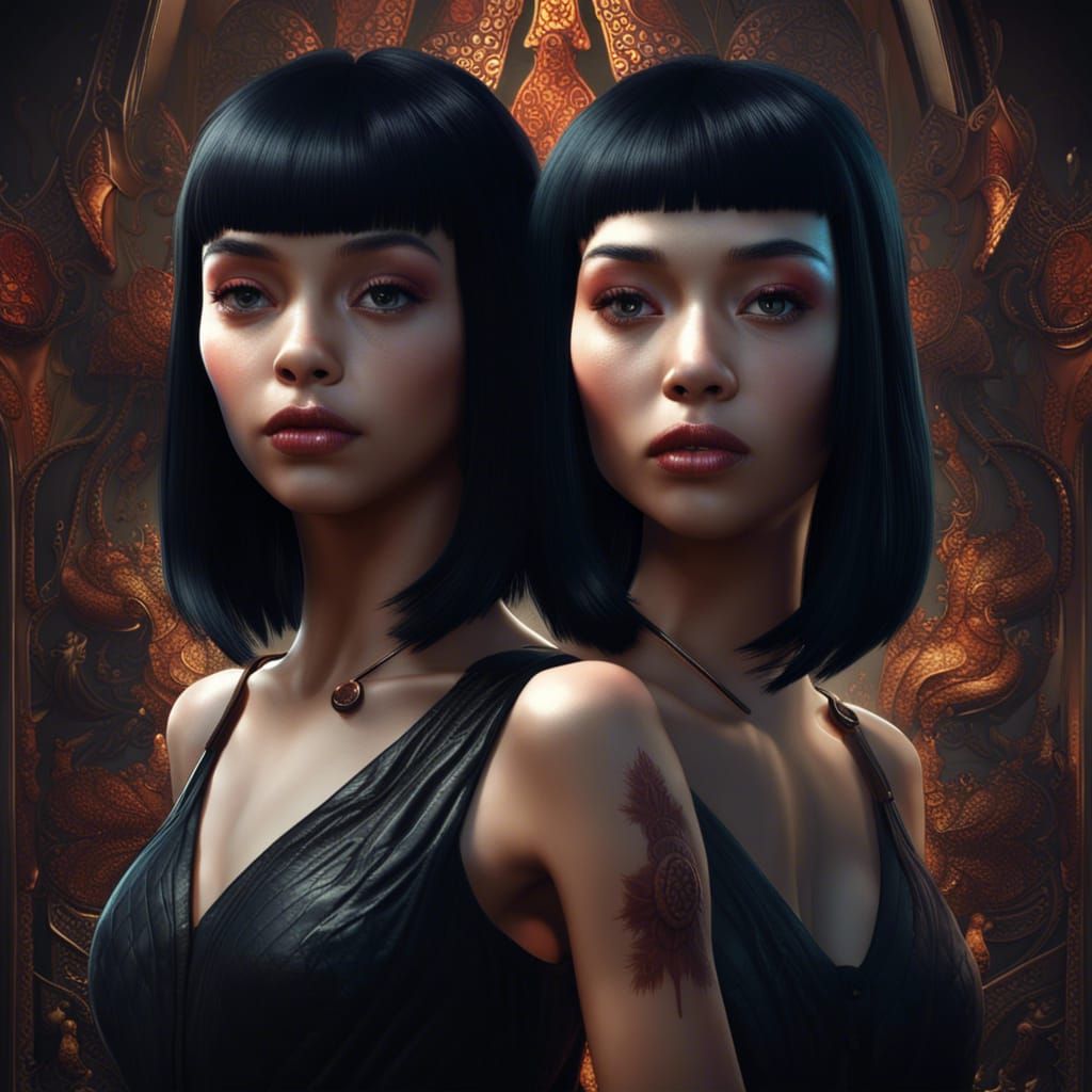 Noir Style Twins and Girl: Detailed Matte Painting