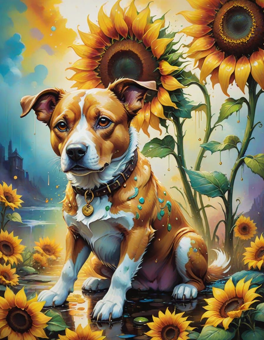 Ed Hardy Style Dog Portrait with Sunflower