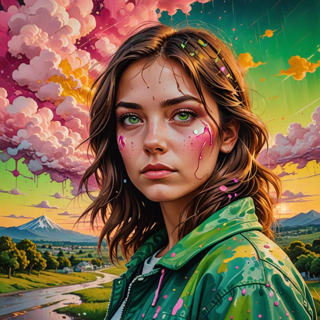 Surreal Graffiti Art of Woman in Vibrant Landscape