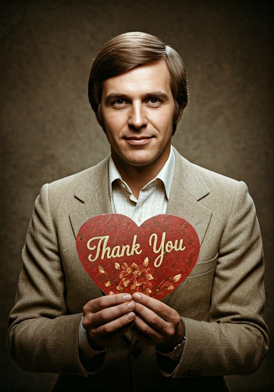1970s Portrait of Man Holding Thank You Sign