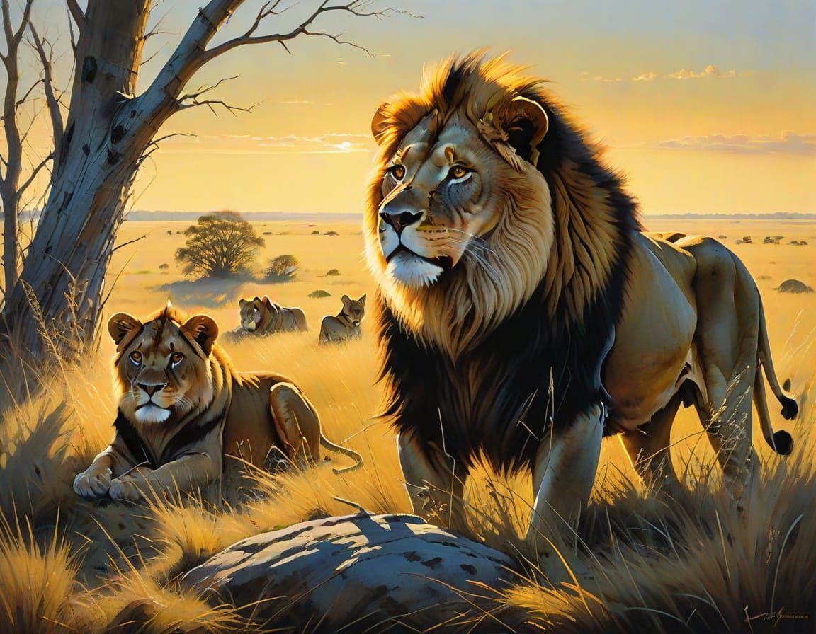 Majestic Lions Gather Around Serene Savannah Nest