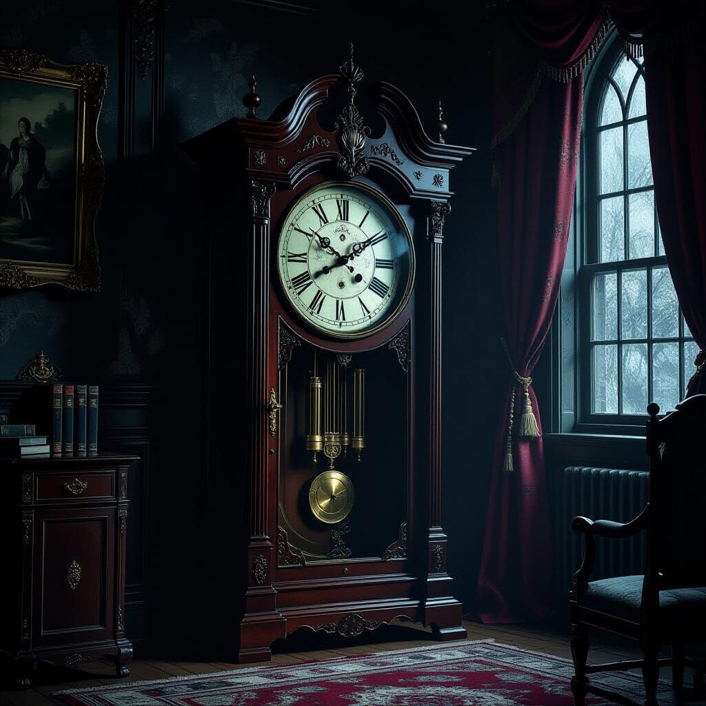 Melancholic Grandfather Clock in Victorian Gothic Study