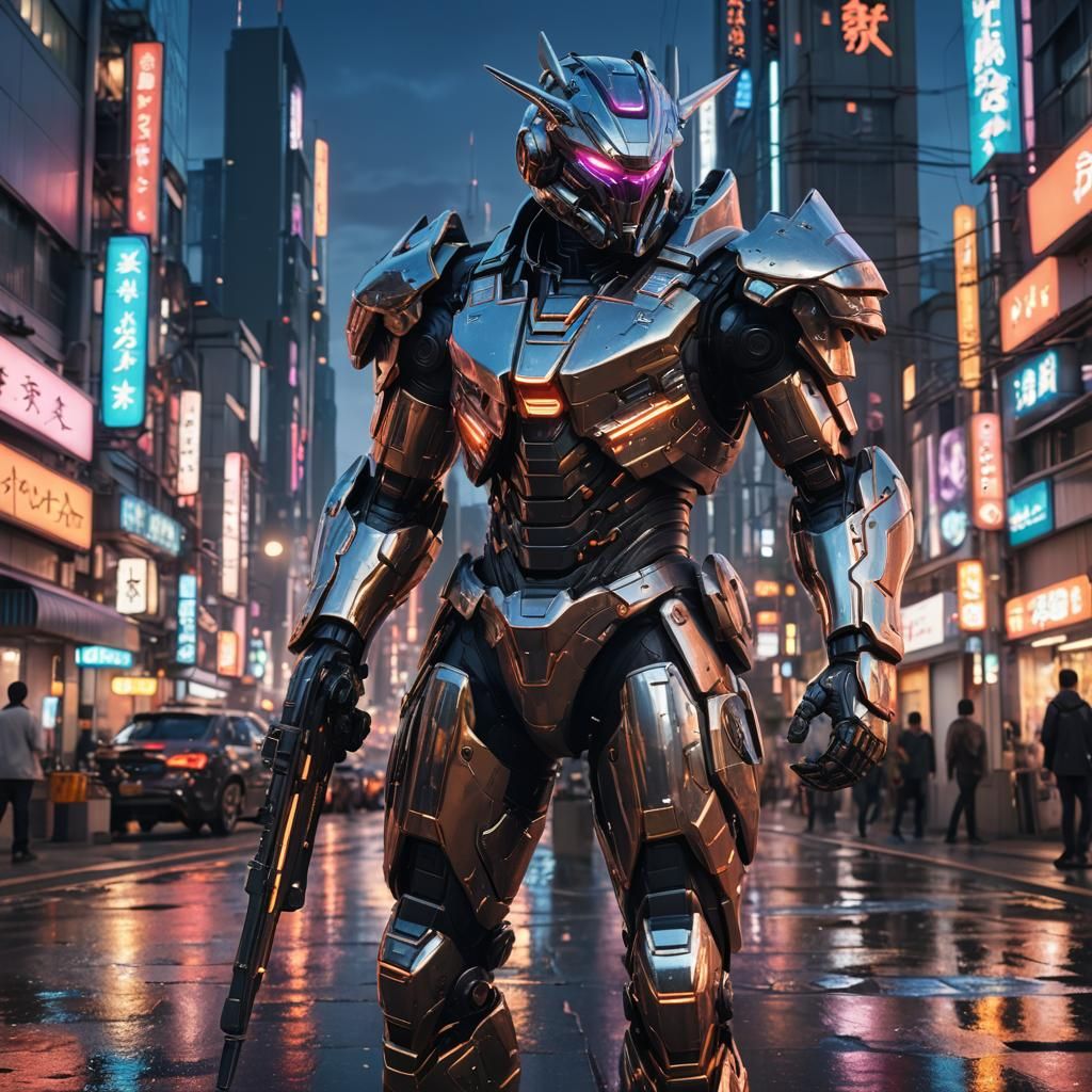 Sci-Fi Anime Character in Cityscape at Dusk